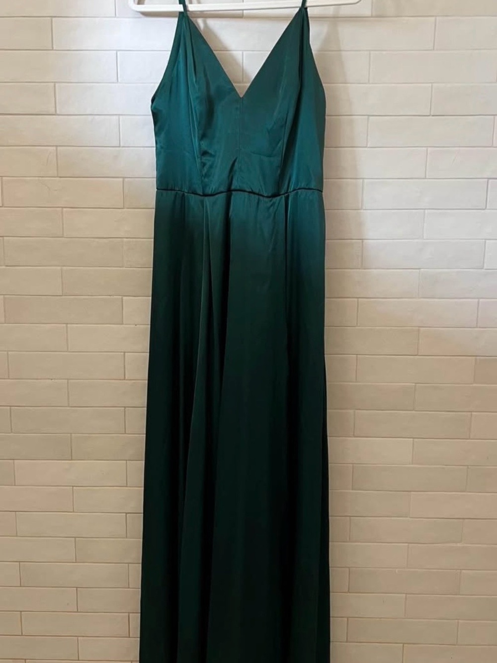 David's Bridal Deep Emerald Satin V-Neck Spaghetti Strap Maxi